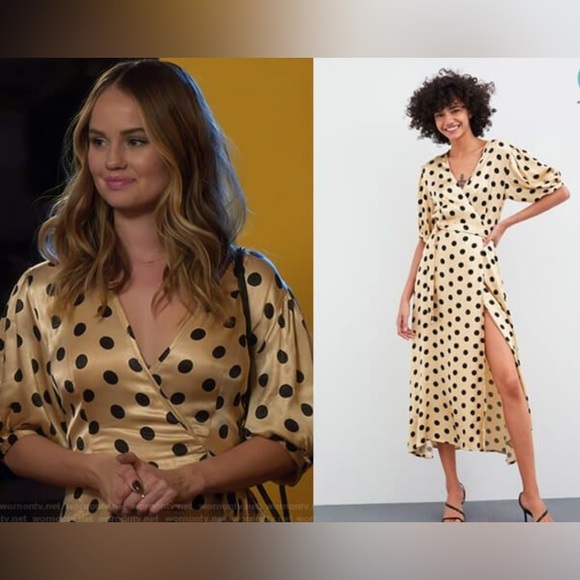 Zara Dresses & Skirts - Zara Blogger Fave Gold Polka Dot satin Wrap Midi Dress  Small S Fall Minimalist